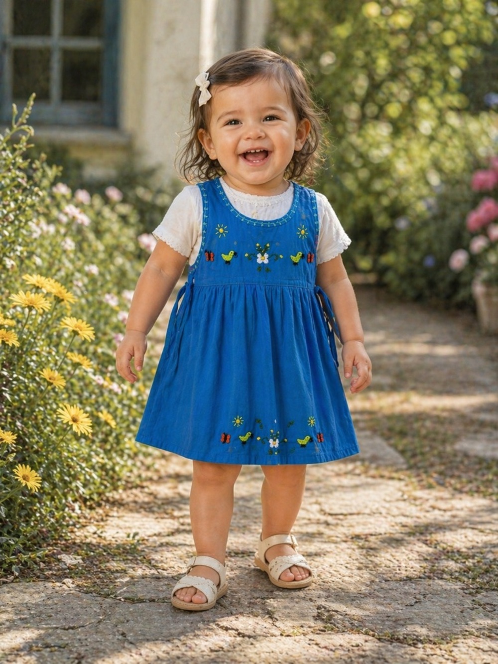 Blue Embroidered Cotton Pinafore Dress for Kids